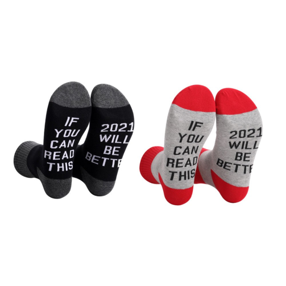 2 Pairs of Unisex GOOD LUCK ON THE WAY 2021 Letter Printed Socks Black and Grey Red and Grey