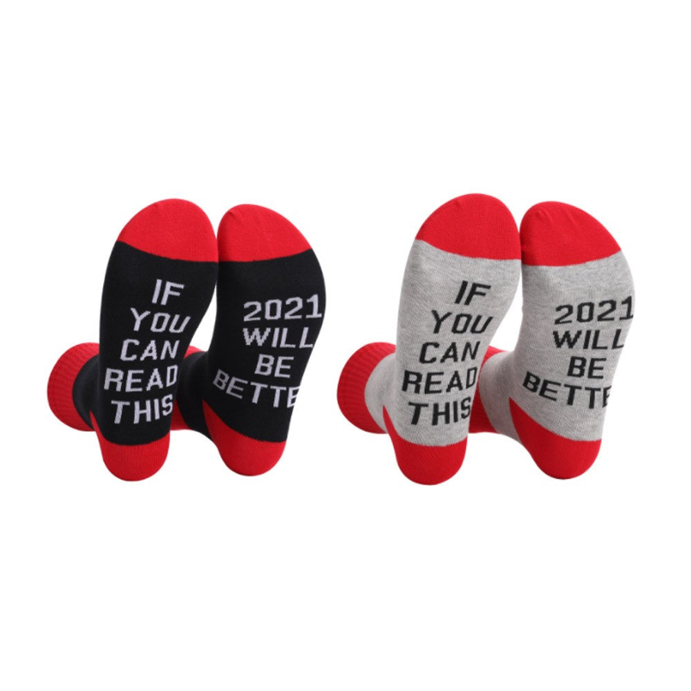 2 Pairs of Unisex GOOD LUCK ON THE WAY 2021 Letter Printed Socks Black and Red Red and Grey