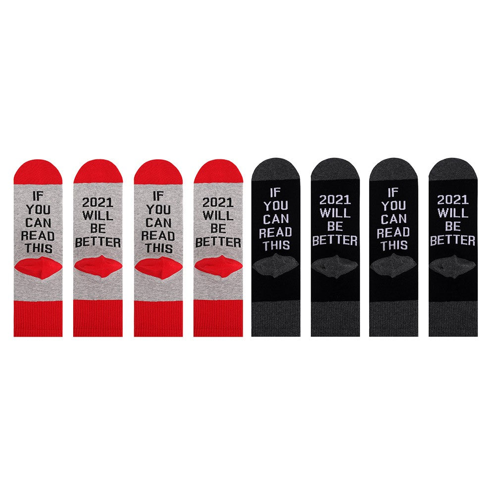 4 Pairs of Unisex GOOD LUCK ON THE WAY 2021 Letter Printed Socks Black and Grey Red and Grey