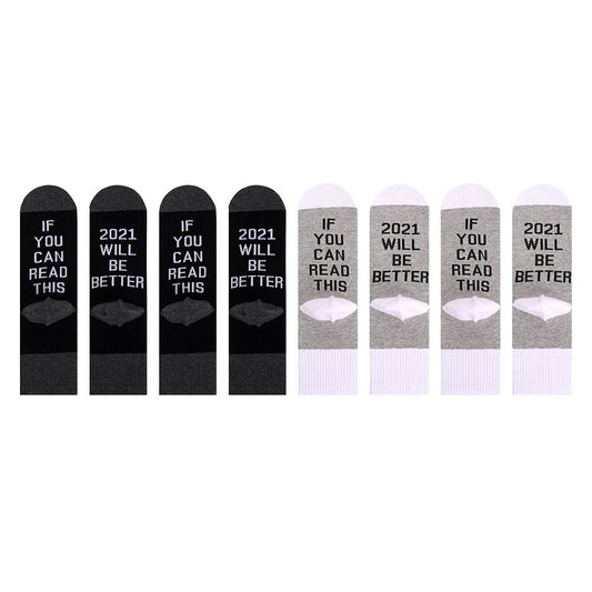 4 Pairs of Unisex GOOD LUCK ON THE WAY 2021 Letter Printed Socks Black and Grey White and Grey