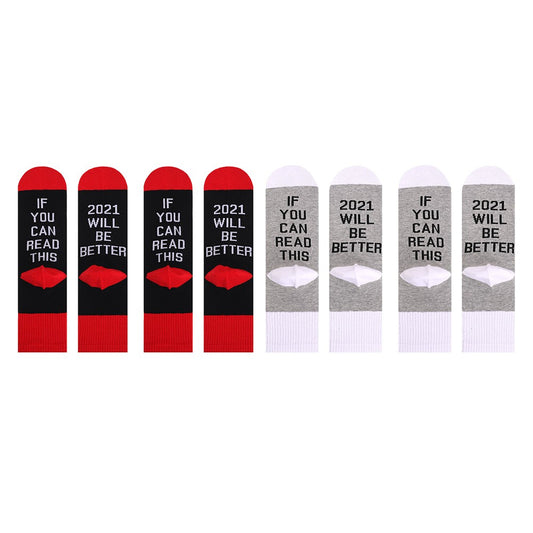 4 Pairs of Unisex GOOD LUCK ON THE WAY 2021 Letter Printed Socks Black and Red White and Grey