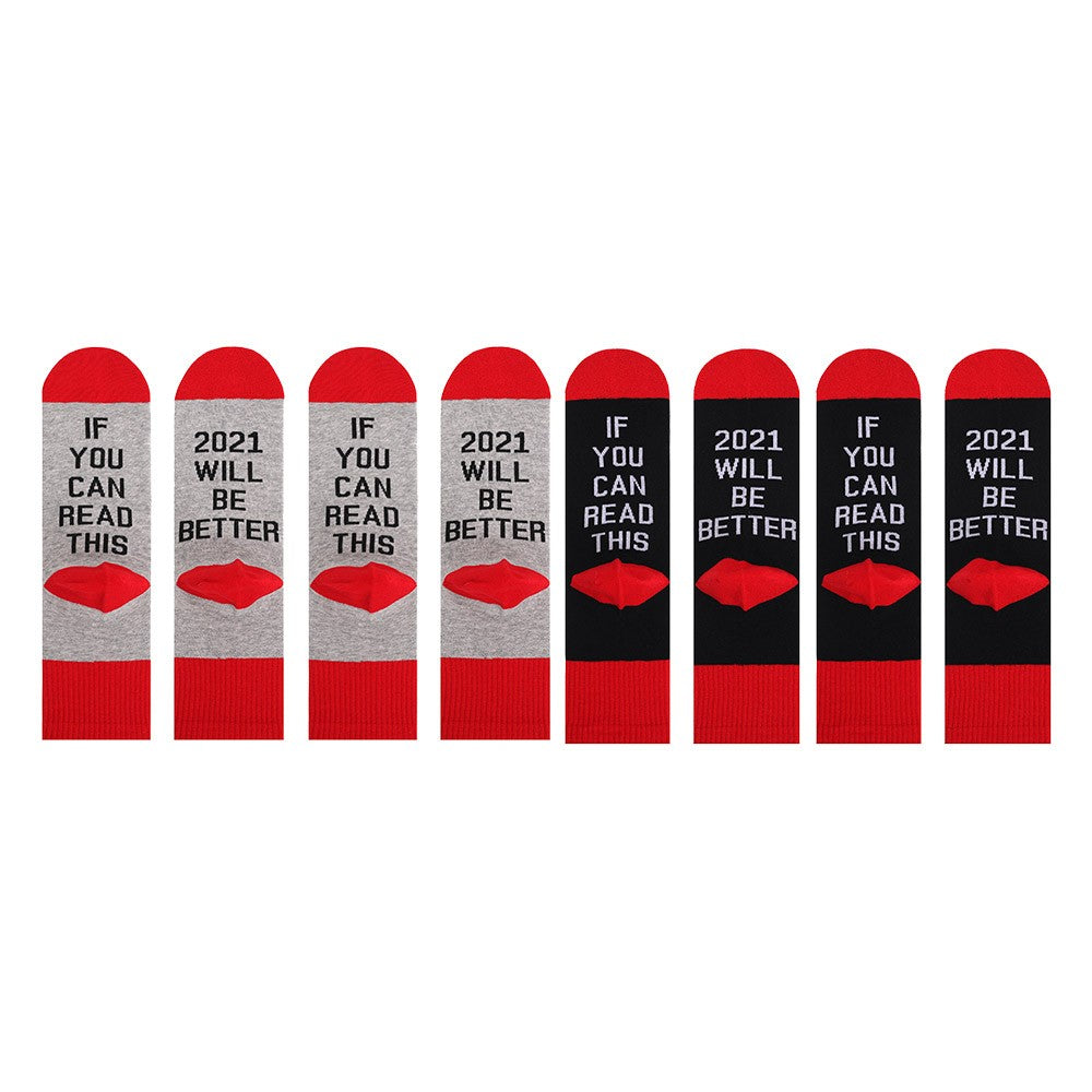 4 Pairs of Unisex GOOD LUCK ON THE WAY 2021 Letter Printed Socks Black and Red Red and Grey