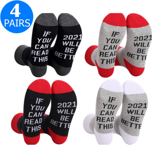 4 Pairs of Unisex GOOD LUCK ON THE WAY 2021 Letter Printed Socks