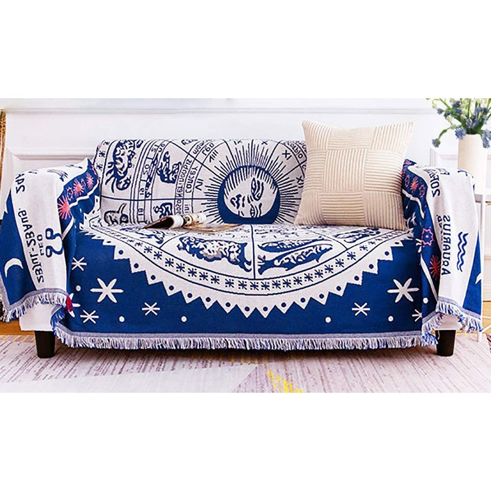 130x180cm Double Sides Boho Woven Throw Blanket for Couch Bed Blue
