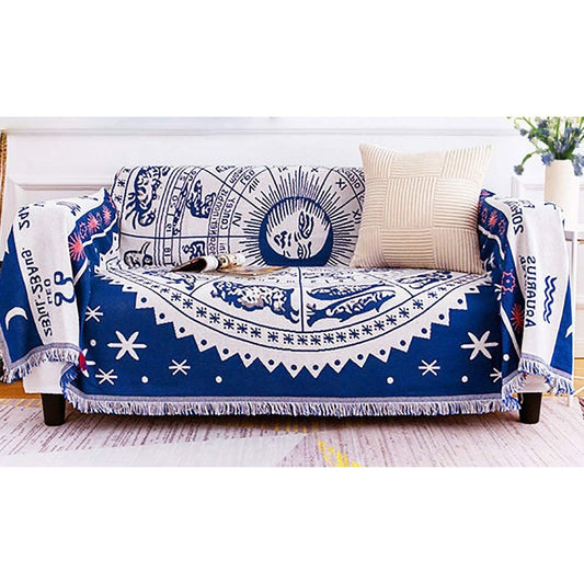 90x180cm Double Sides Boho Woven Throw Blanket for Couch Bed Blue