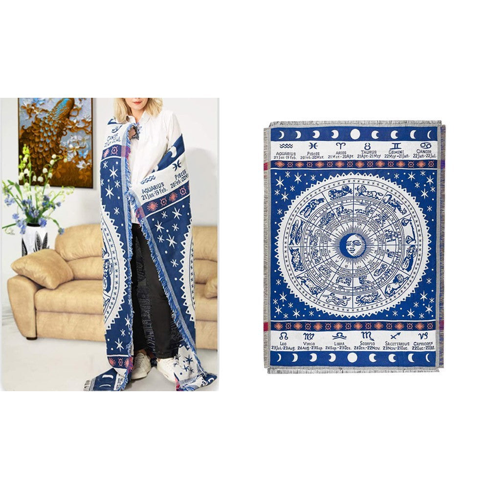 90x180cm Double Sides Boho Woven Throw Blanket for Couch Bed Blue