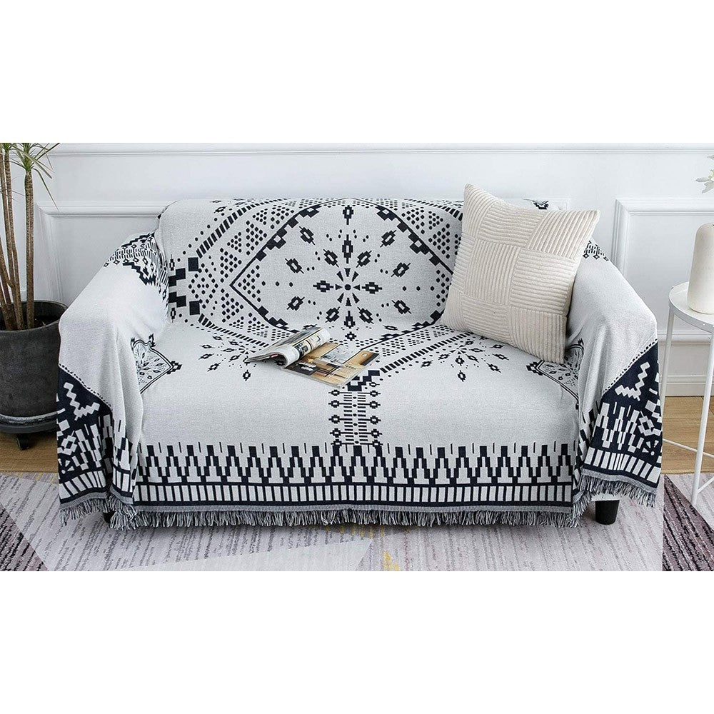 90x180cm Double Sides Boho Woven Throw Blanket for Couch Bed White