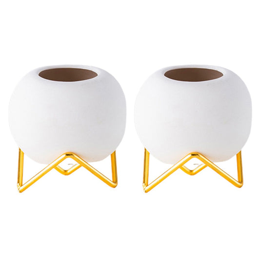 2 X White Ball Shape Ceramic Flower Pots Garden Home Decor with Pot Holder