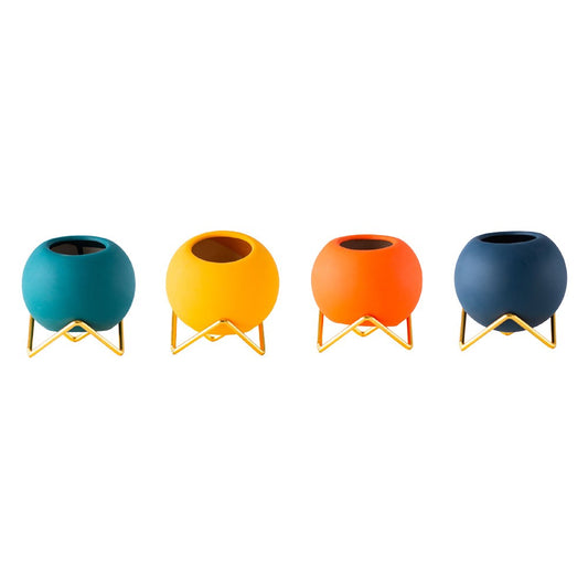 4 X Ball Shape Ceramic Flower Pots Garden Home Decor with Pot Holder