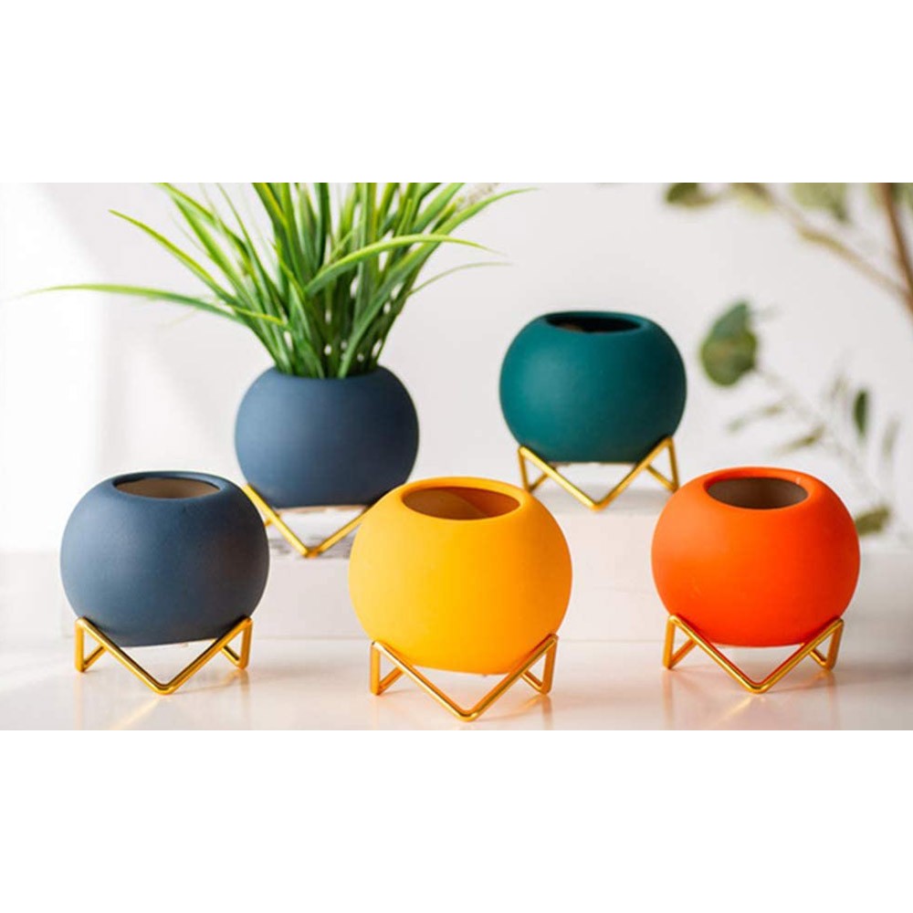 4 X Ball Shape Ceramic Flower Pots Garden Home Decor with Pot Holder