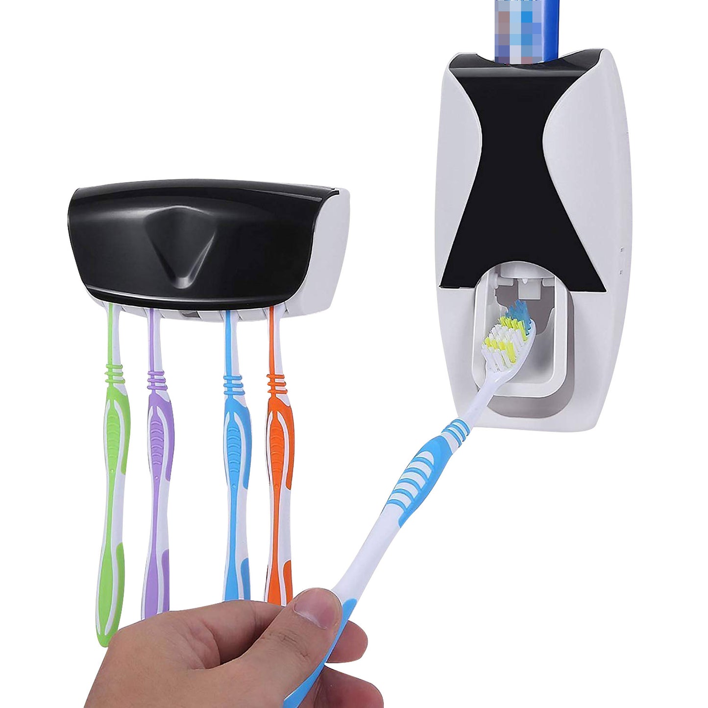 Auto Toothpaste Dispenser and Toothbrush Holder Wall Mounted Squeeze Toothpaste Dispenser Device Toothbrush Holder Bathroom Accessories Black