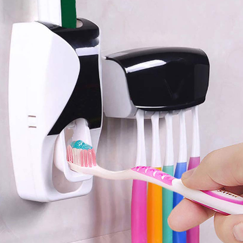 2 X Auto Toothpaste Dispenser and Toothbrush Holder Wall Mounted Squeeze Toothpaste Dispenser Device Toothbrush Holder Bathroom Accessories Pink Black