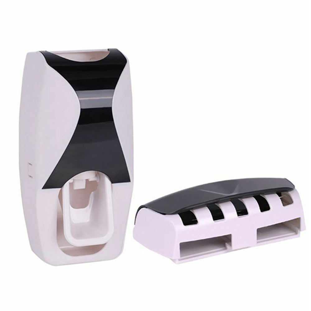 Auto Toothpaste Dispenser and Toothbrush Holder Wall Mounted Squeeze Toothpaste Dispenser Device Toothbrush Holder Bathroom Accessories Black