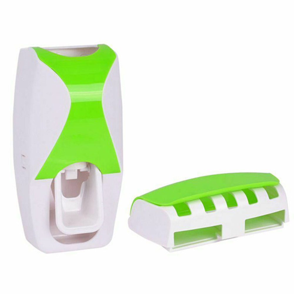 Auto Toothpaste Dispenser and Toothbrush Holder Wall Mounted Squeeze Toothpaste Dispenser Device Toothbrush Holder Bathroom Accessories Green