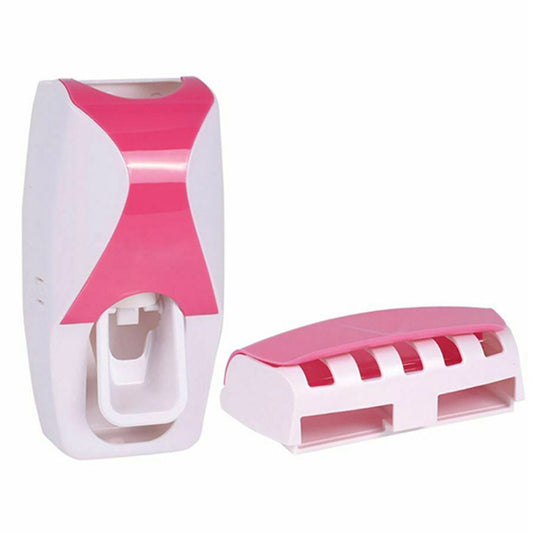 Auto Toothpaste Dispenser and Toothbrush Holder Wall Mounted Squeeze Toothpaste Dispenser Device Toothbrush Holder Bathroom Accessories Pink