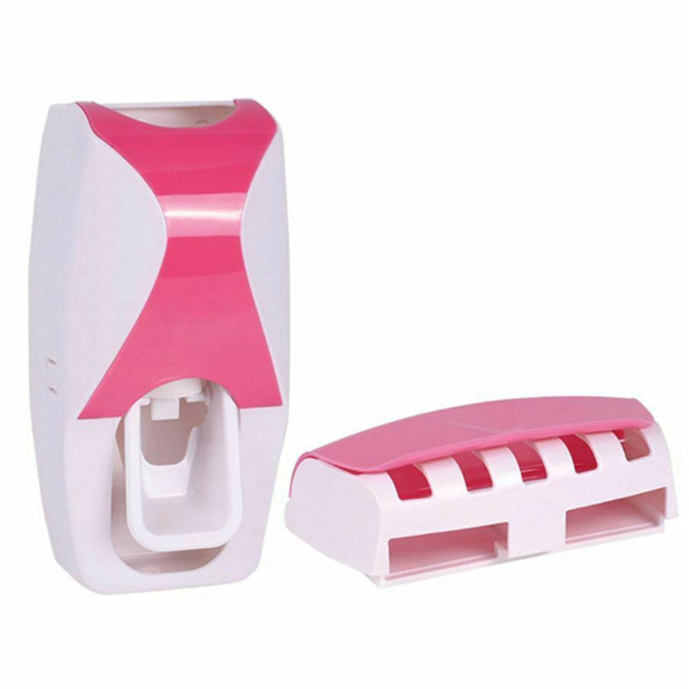 2 X Auto Toothpaste Dispenser and Toothbrush Holder Wall Mounted Squeeze Toothpaste Dispenser Device Toothbrush Holder Bathroom Accessories Pink Black