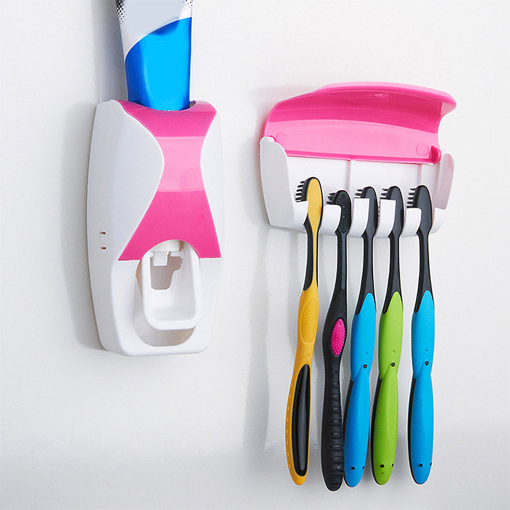 Auto Toothpaste Dispenser and Toothbrush Holder Wall Mounted Squeeze Toothpaste Dispenser Device Toothbrush Holder Bathroom Accessories Pink