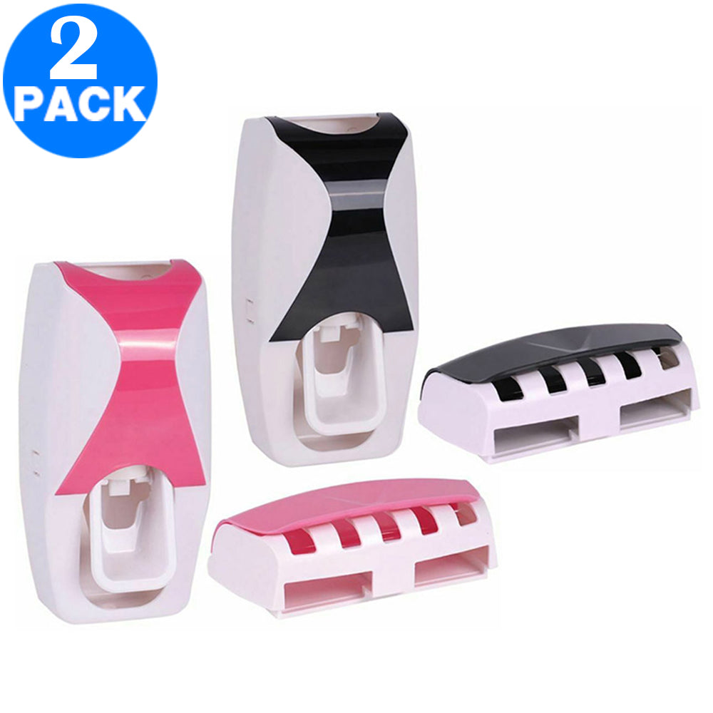 2 X Auto Toothpaste Dispenser and Toothbrush Holder Wall Mounted Squeeze Toothpaste Dispenser Device Toothbrush Holder Bathroom Accessories Pink Black