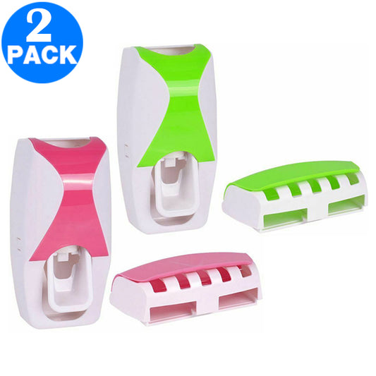 2 X Auto Toothpaste Dispenser and Toothbrush Holder Wall Mounted Squeeze Toothpaste Dispenser Device Toothbrush Holder Bathroom Accessories Pink Green
