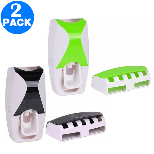 2 X Auto Toothpaste Dispenser and Toothbrush Holder Wall Mounted Squeeze Toothpaste Dispenser Device Toothbrush Holder Bathroom Accessories Black Green