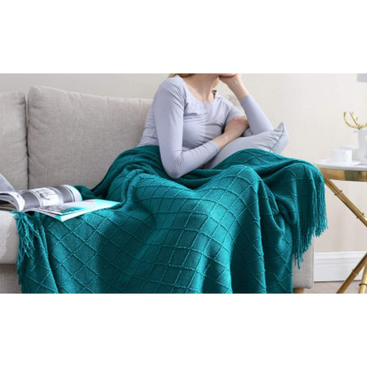 Knitted Winter Lounge Throw Blanket Tassel Shawl Couch Blanket Bed Blanket Blue