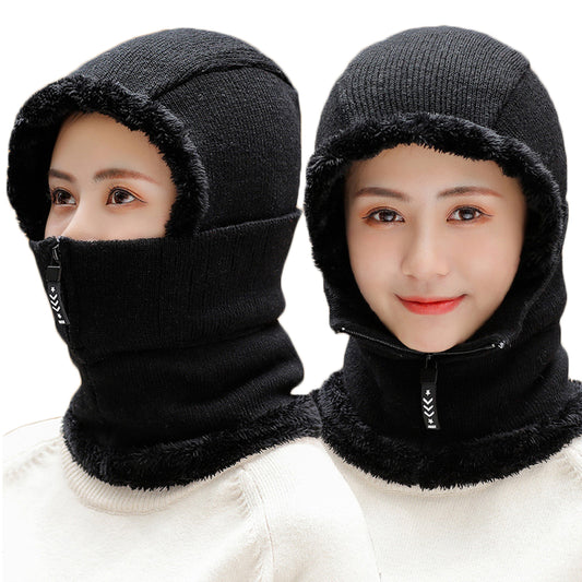 2 In 1 Winter Fleece Lined Hat Zip up Neck Warmer Black