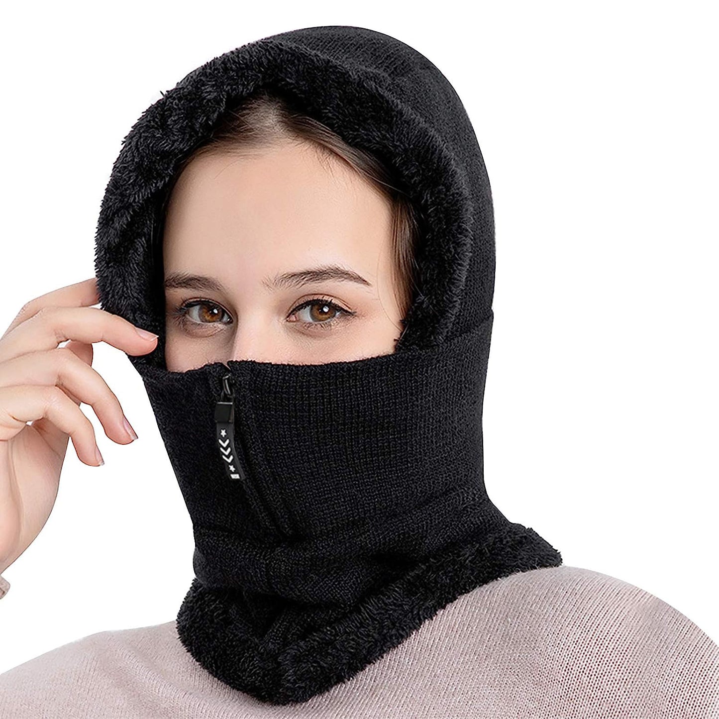 2 In 1 Winter Fleece Lined Hat Zip up Neck Warmer Black