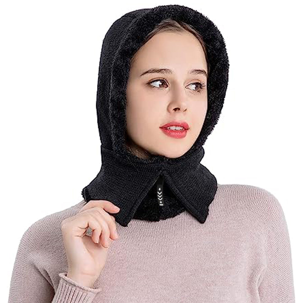 2 In 1 Winter Fleece Lined Hat Zip up Neck Warmer Black