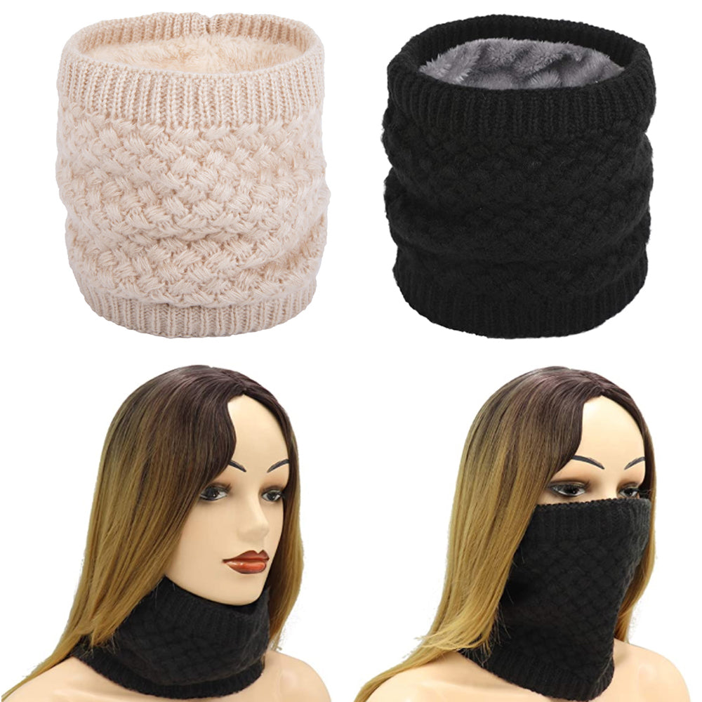 2 X Women Winter Neck Warmer Knitted Fleece-Lined Head Neck Warmer Black Beige
