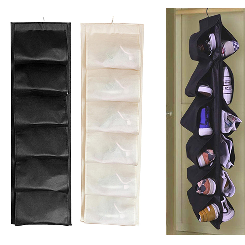 2 Pack Black Beige 12 Pockets Double-Side Shoes Hanging Bags Closet Wardrobes Storage Bags