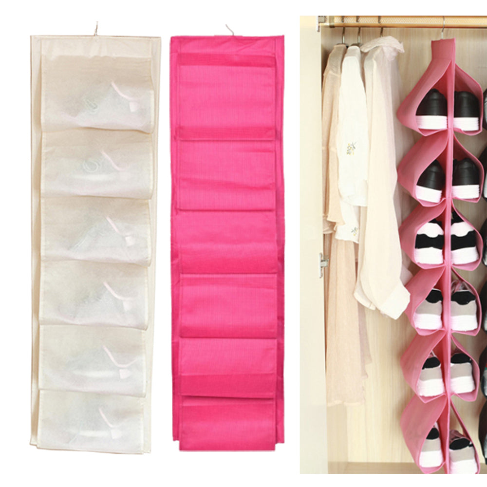 2 Pack Pink Beige 12 Pockets Double-Side Shoes Hanging Bags Closet Wardrobes Storage Bags
