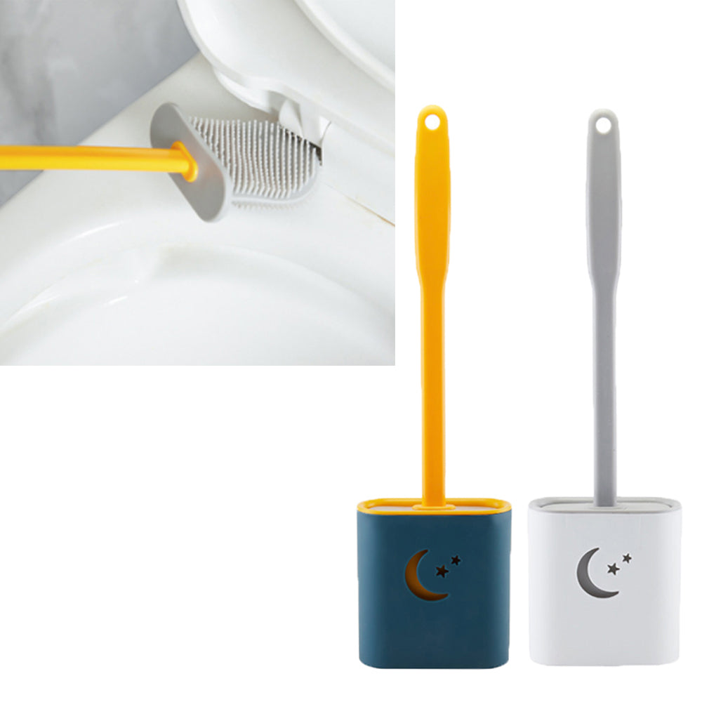 2X Blue Grey Moon Pattern Soft TPR Toilet Brushes with Holder Home Bedroom Cleaning Tools