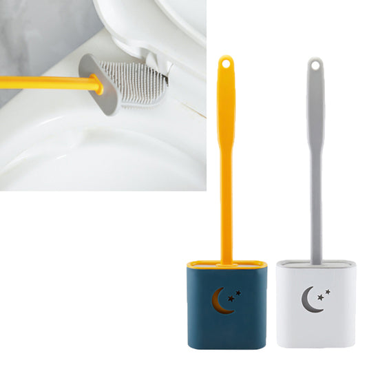 2X Blue Grey Moon Pattern Soft TPR Toilet Brushes with Holder Home Bedroom Cleaning Tools