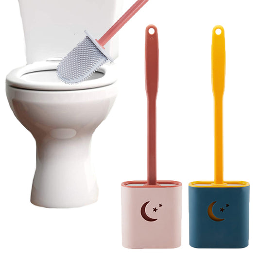 2X Blue Pink Moon Soft TPR Toilet Brushes with Holder Home Bedroom Cleaning Tools