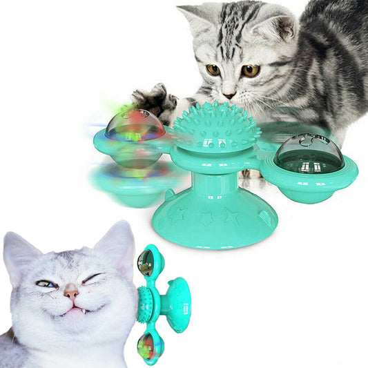 Funny Windmill Cat Toy Pet Turntable Teasing Interactive Toy with Light Ball Cyan