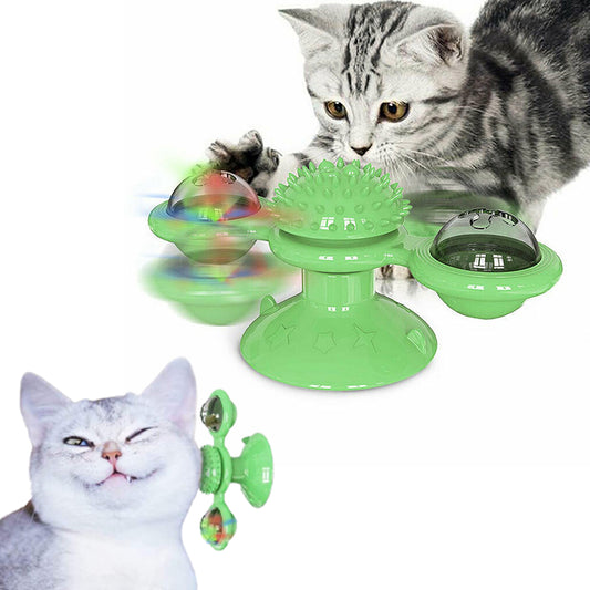 2 X Funny Windmill Cat Toy Pet Turntable Teasing Interactive Toys with Light Ball Green