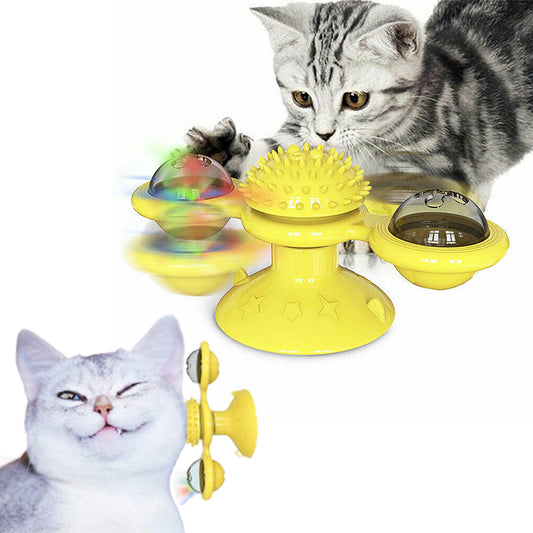 2 X Funny Windmill Cat Toy Pet Turntable Teasing Interactive Toys with Light Ball Yellow