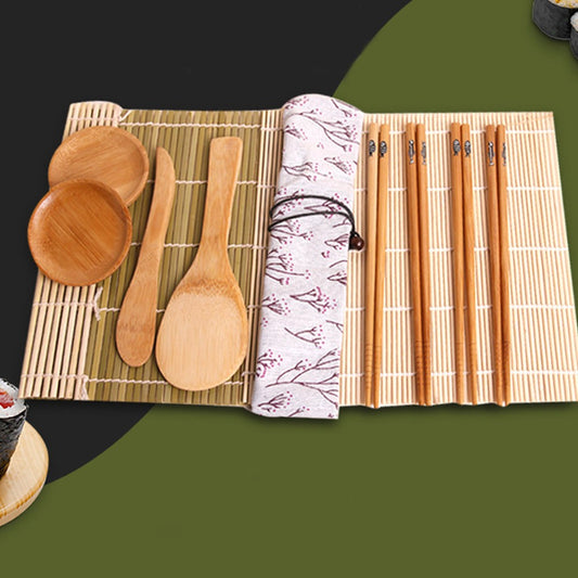1 Set of DIY Sushi Making Tool Set with Package Bag Practical Sushi Roll Curtain Chopsticks Spatula Sauce Dish Sushi Knife Set