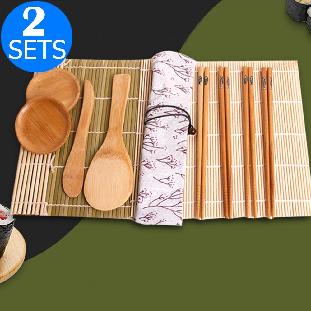 2 Sets of DIY Sushi Making Tool Set with Package Bag Practical Sushi Roll Curtain Chopsticks Spatula Sauce Dish Sushi Knife Set