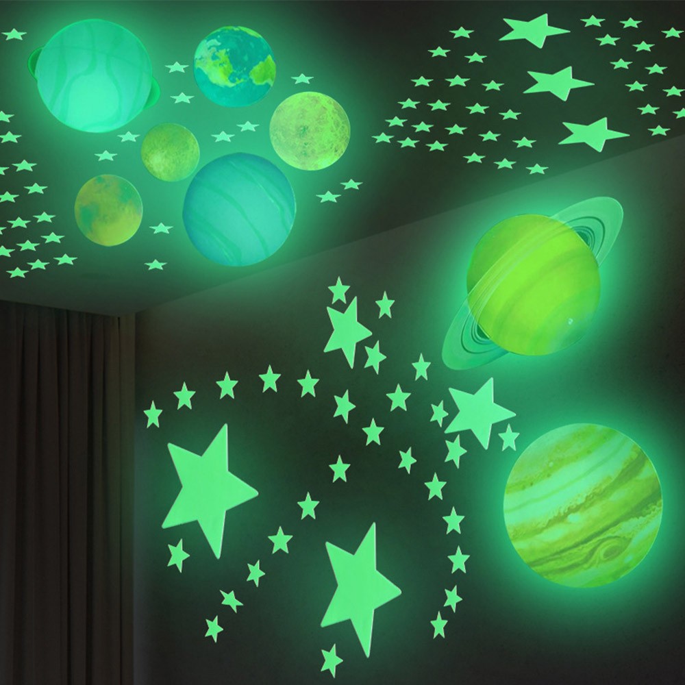 100pcs Star and Planets Luminous Wall Sticker with Double-Sided Tape