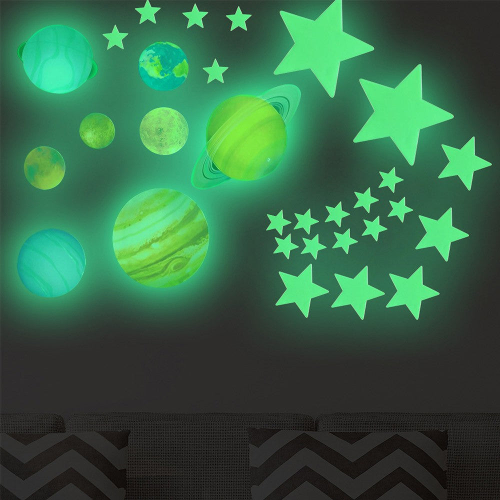 100pcs Star and Planets Luminous Wall Sticker with Double-Sided Tape