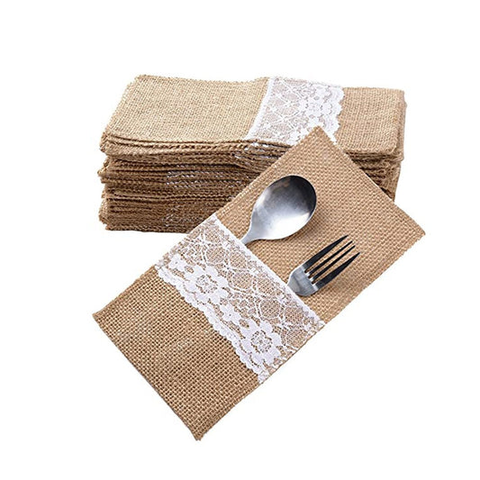 12pcs Christmas Tableware Packing Bags Knife and Fork Bags Linen Lace Cutlery Holders Party Decorations