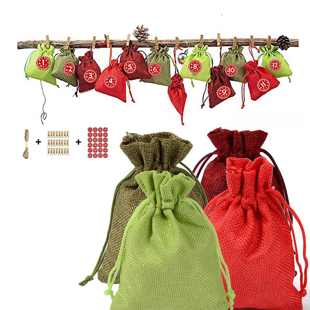 1Set 24pcs Christmas Packing Bags Candy Bags Linen Drawstring Bags