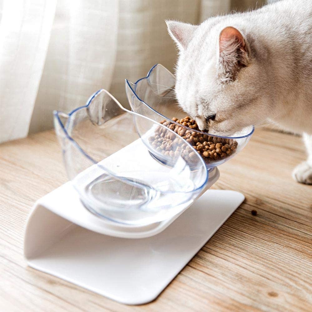 15 Degree Tilted Cat Food Bowl Pet Feeding Bowl Cat Dog Feeder Food Water Bowls with Stand Double Dish Feeder