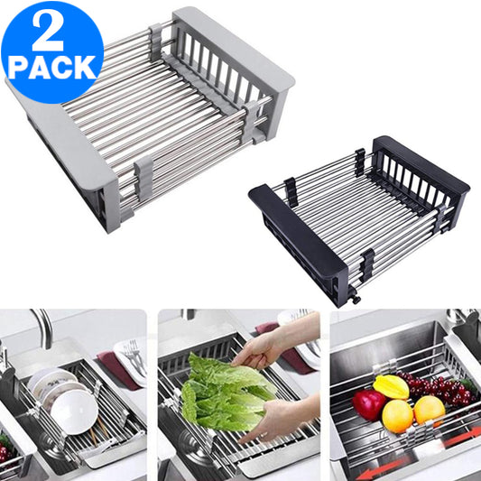 2 X Telescopic Sink Drain Basket Dish Drying Rack Kitchen Sink Organizer Adjustable Dish Basket Drainer