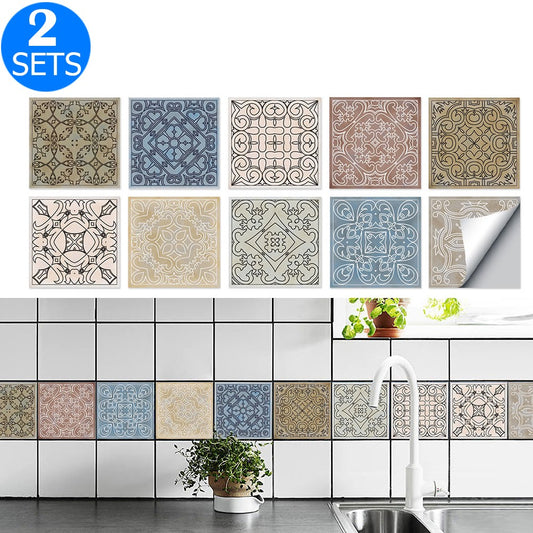 20Pcs Self Adhesive Tile Stickers 10 x 10cm Wall Stickers Retro Tile Stickers Waterproof Oil-proof Cabinet Stickers Home Decoration Style 4