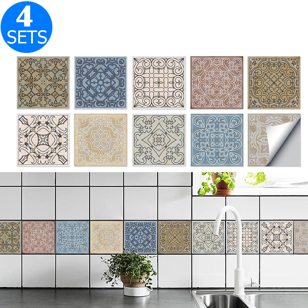 40Pcs Self Adhesive Tile Stickers 10 x 10cm Wall Stickers Retro Tile Stickers Waterproof Oil-proof Cabinet Stickers Home Decoration Style 4