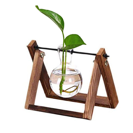 Indoor Plant Glass Pot Plant Terrarium with Wooden Stand Tabletop Glass Bulb Vase Home Garden Office Decoration Single Pot
