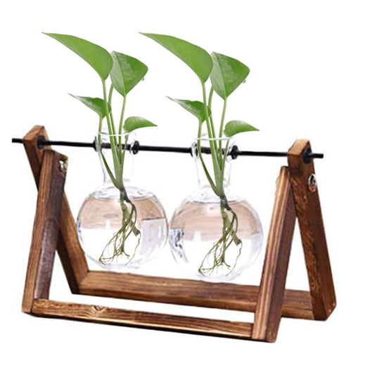 Indoor Plant Glass Pot Plant Terrarium with Wooden Stand Tabletop Glass Bulb Vase Home Garden Office Decoration Double Pots