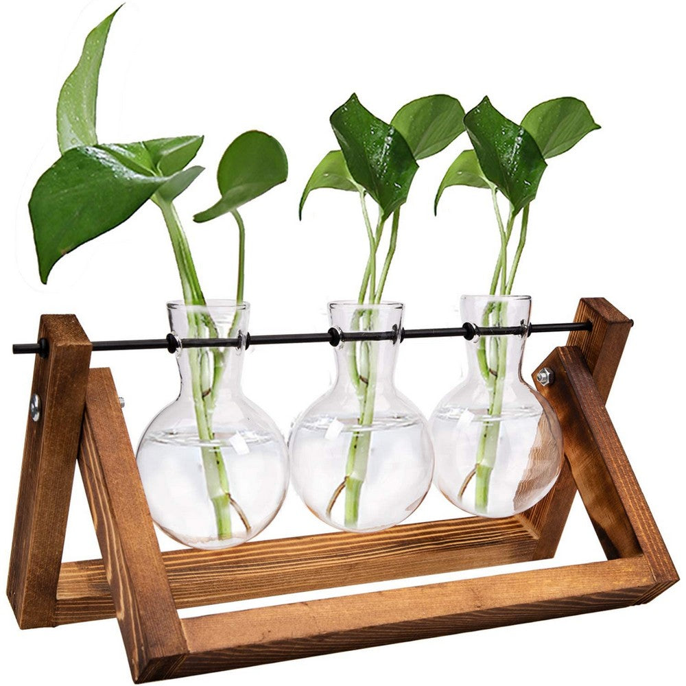 Indoor Plant Glass Pot Plant Terrarium with Wooden Stand Tabletop Glass Bulb Vase Home Garden Office Decoration Triple Pots